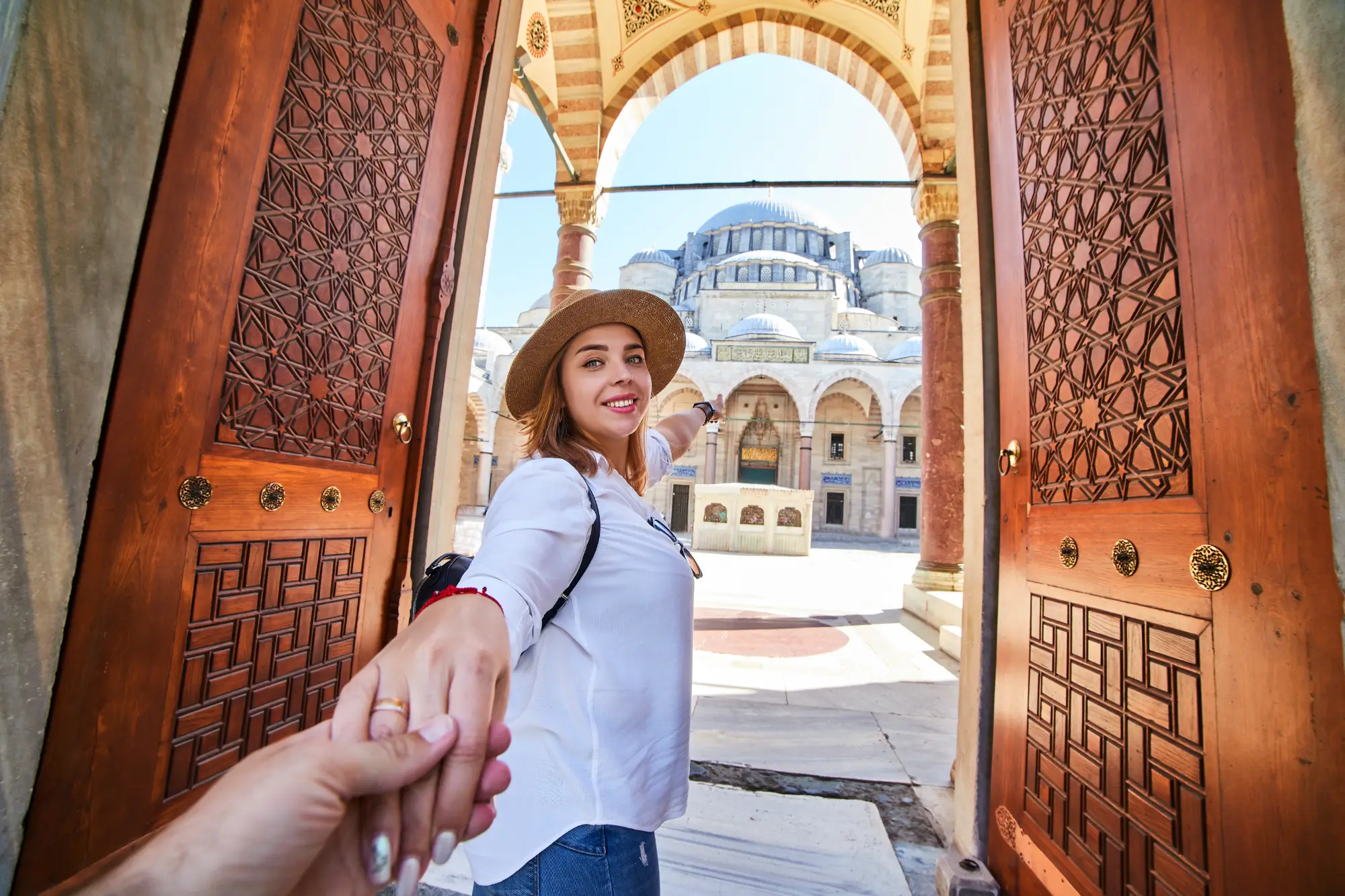 Being led into a turkish mosque